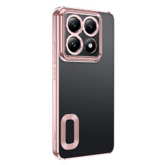 Xiaomi 14T Pro Kılıf Logo Gösteren Parlak Kenarlı Kamera Lens Korumalı Şeffaf Omega Silikon Kapak Rose Gold