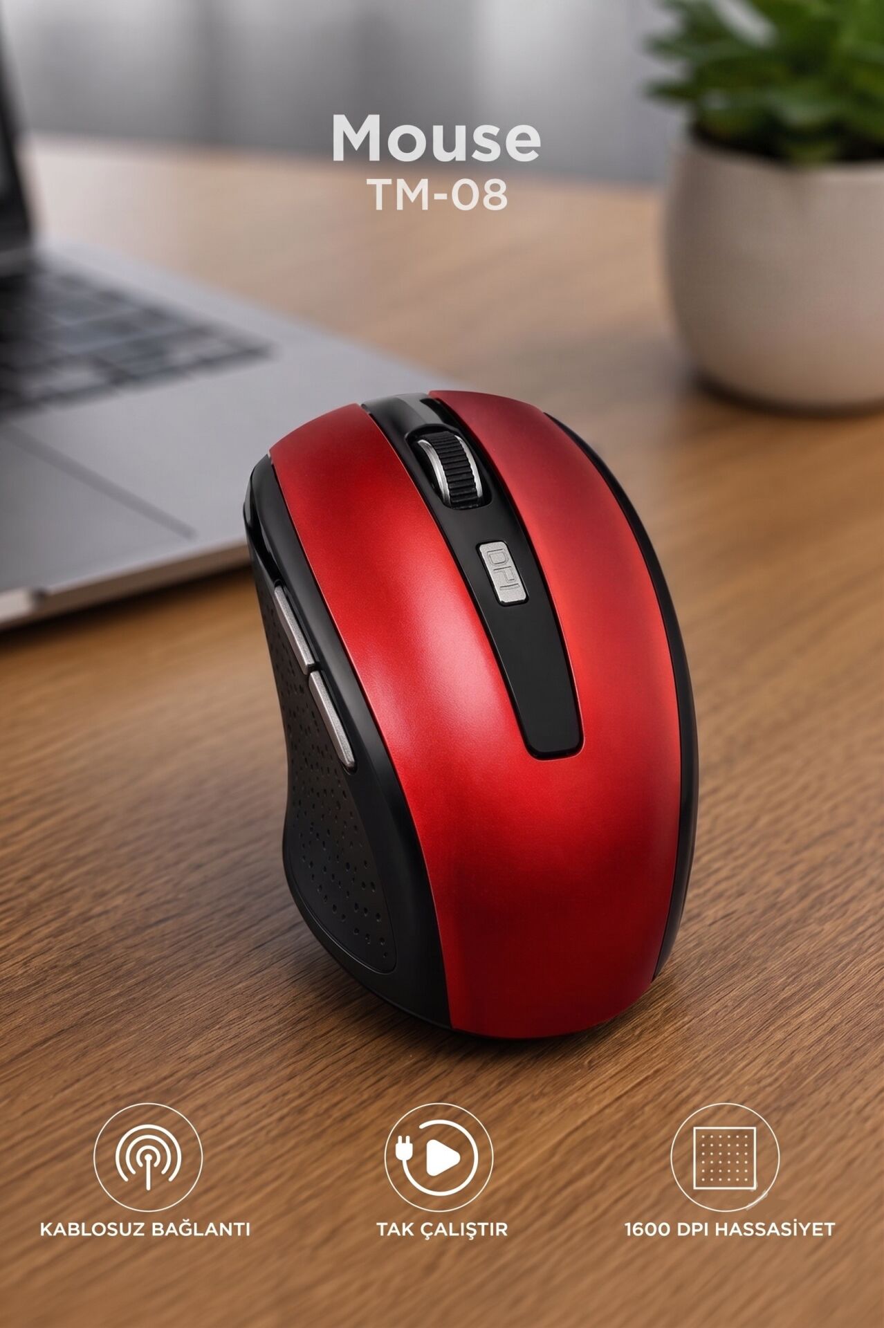 Mouse Yan Tuşlu Optik Kablosuz Fare TM08 Kırmızı