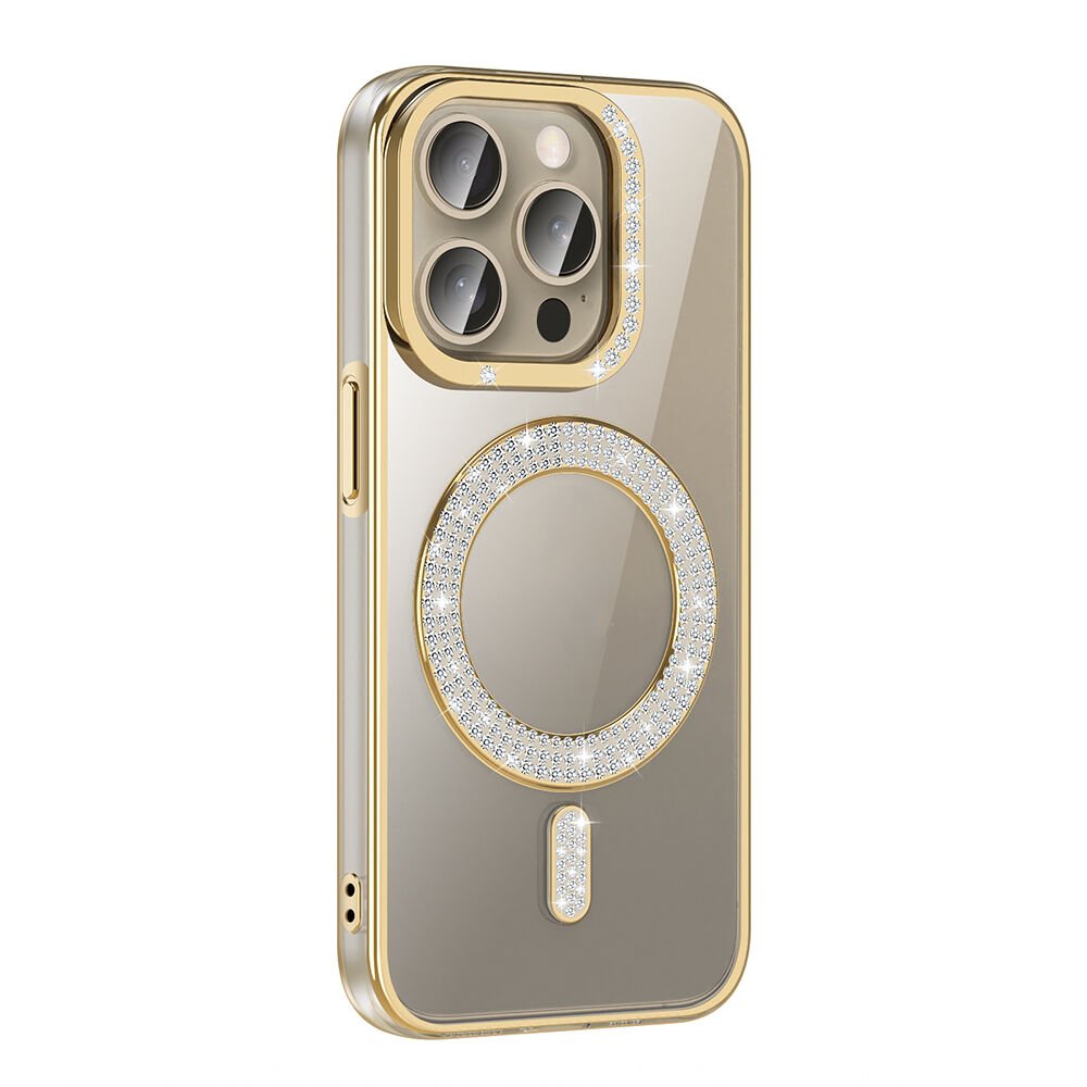 iPhone 15 Pro Max Kılıf Pırlanta Taş Tasarımlı Kablosuz Şarj Özellikli Karetta Silikon Kapak Gold