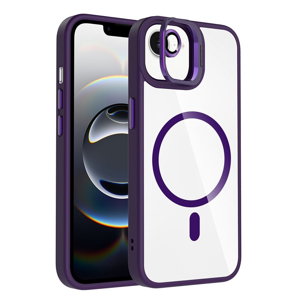 iPhone 16E Kılıf Standlı ve Kamera Lens Hediyeli Kablosuz Şarj Özellikli Etro Kapak Derin Mor