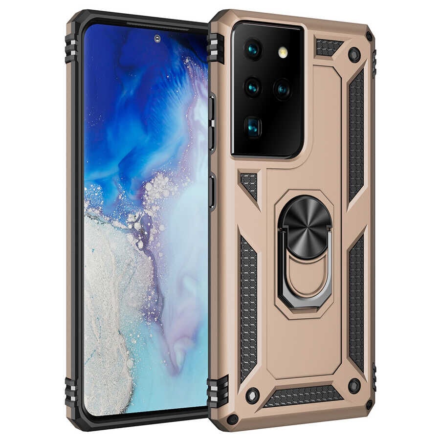 Samsung Galaxy S21 Ultra Kılıf Vega Tank Sert Yüzüklü Standlı Zırh Koruma Kapak Gold
