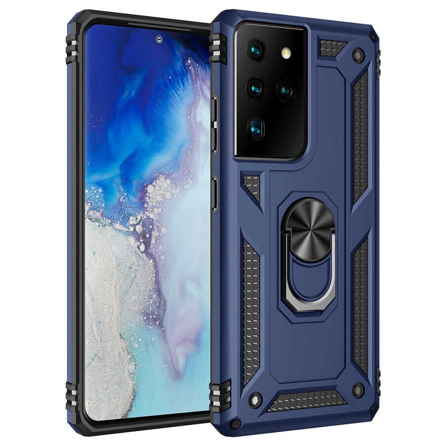 Samsung Galaxy S21 Ultra Kılıf Vega Tank Sert Yüzüklü Standlı Zırh Koruma Kapak Mavi