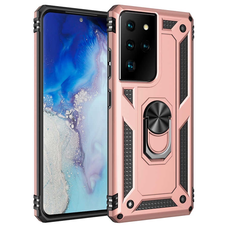 Samsung Galaxy S21 Ultra Kılıf Vega Tank Sert Yüzüklü Standlı Zırh Koruma Kapak Rose Gold