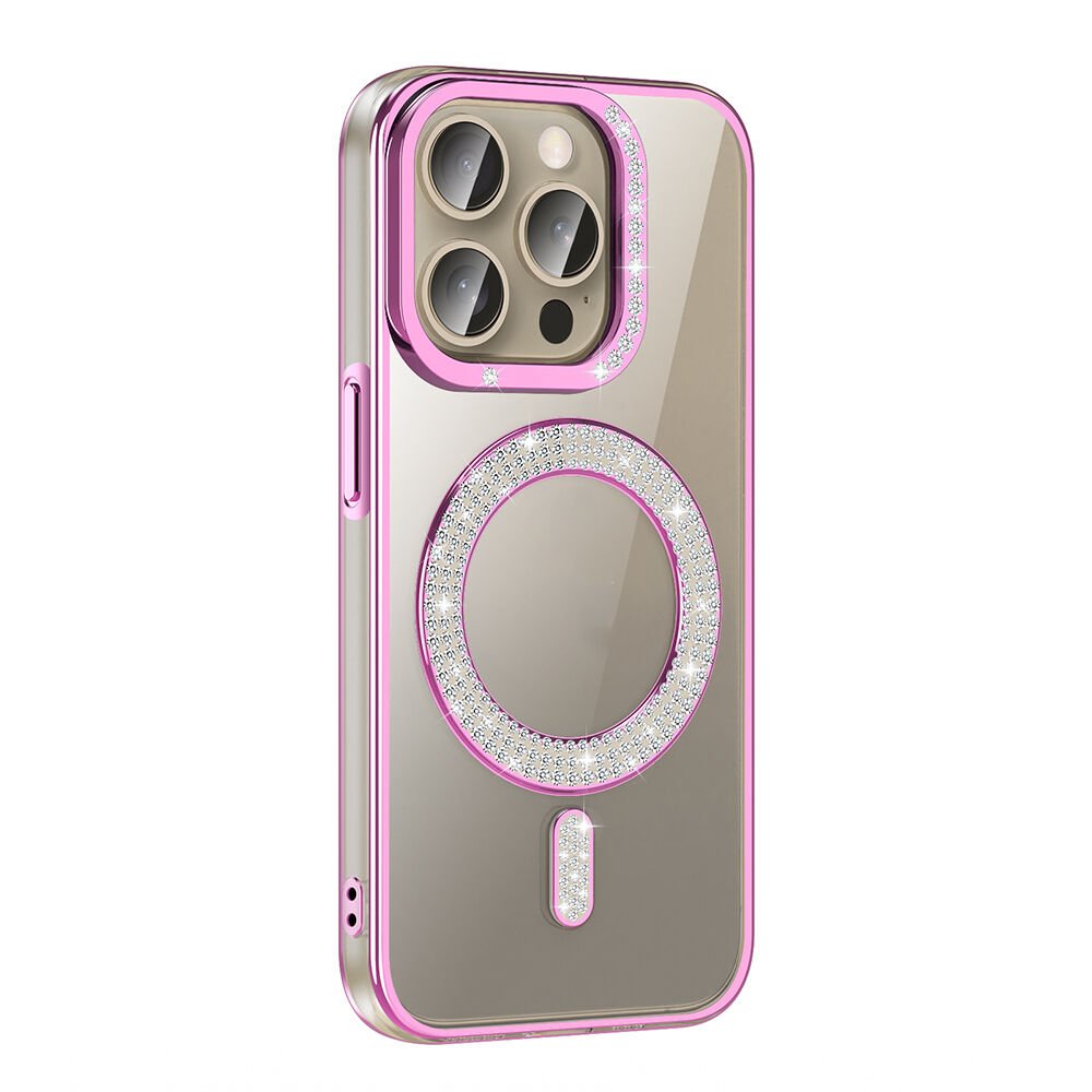 iPhone 15 Pro Kılıf Pırlanta Taş Tasarımlı Kablosuz Şarj Özellikli Karetta Silikon Kapak