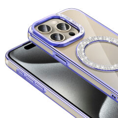 iPhone 15 Pro Kılıf Pırlanta Taş Tasarımlı Kablosuz Şarj Özellikli Karetta Silikon Kapak Gold