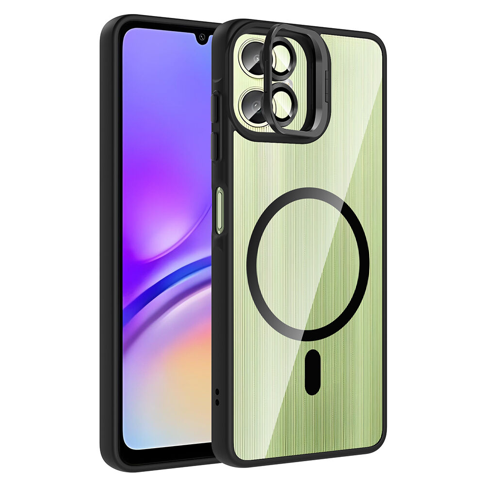Samsung Galaxy A06 Kılıf Standlı ve Kamera Lens Hediyeli Kablosuz Şarj Özellikli Etro Kapak Siyah