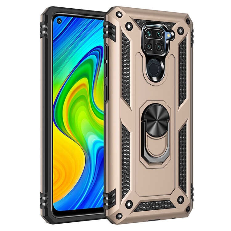 Xiaomi Redmi Note 9 Kılıf Vega Tank Sert Yüzüklü Standlı Zırh Koruma Kapak Gold