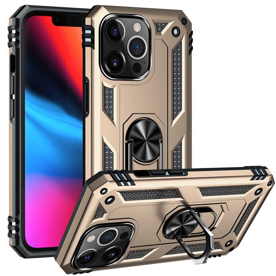 iPhone 13 Pro Kılıf Vega Tank Sert Yüzüklü Standlı Zırh Koruma Kapak Gold