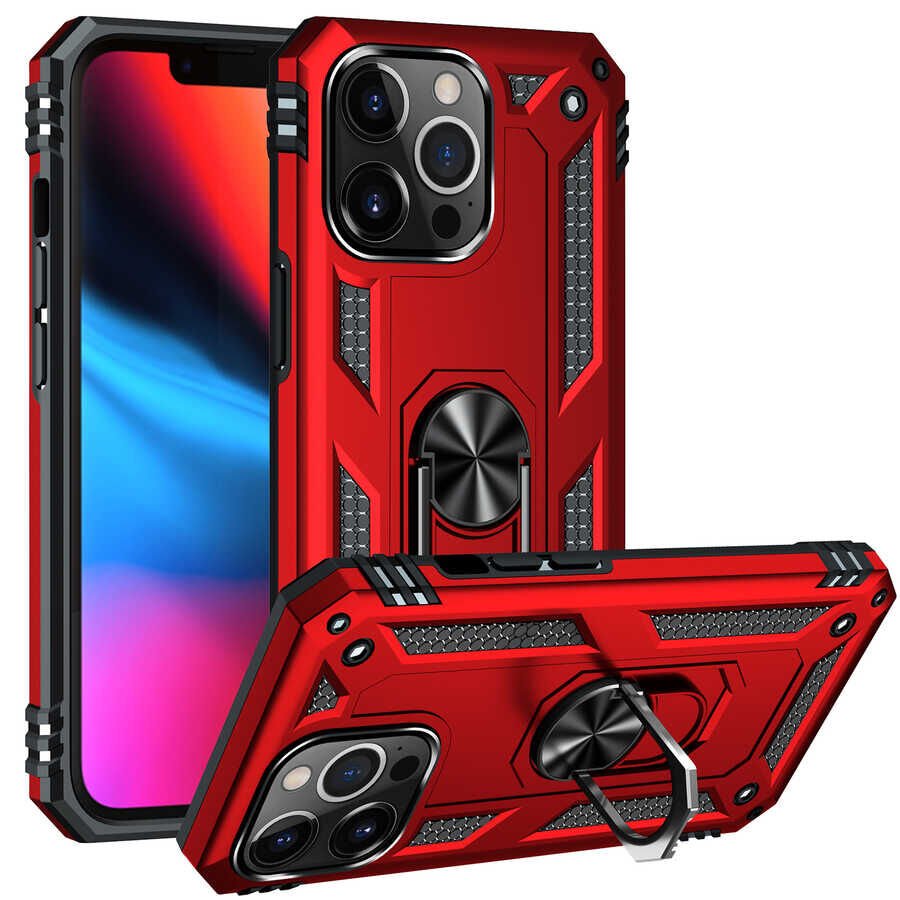iPhone 13 Pro Kılıf Vega Tank Sert Yüzüklü Standlı Zırh Koruma Kapak Kırmızı