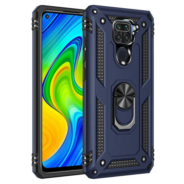 Xiaomi Redmi Note 9 Kılıf Vega Tank Sert Yüzüklü Standlı Zırh Koruma Kapak Mavi