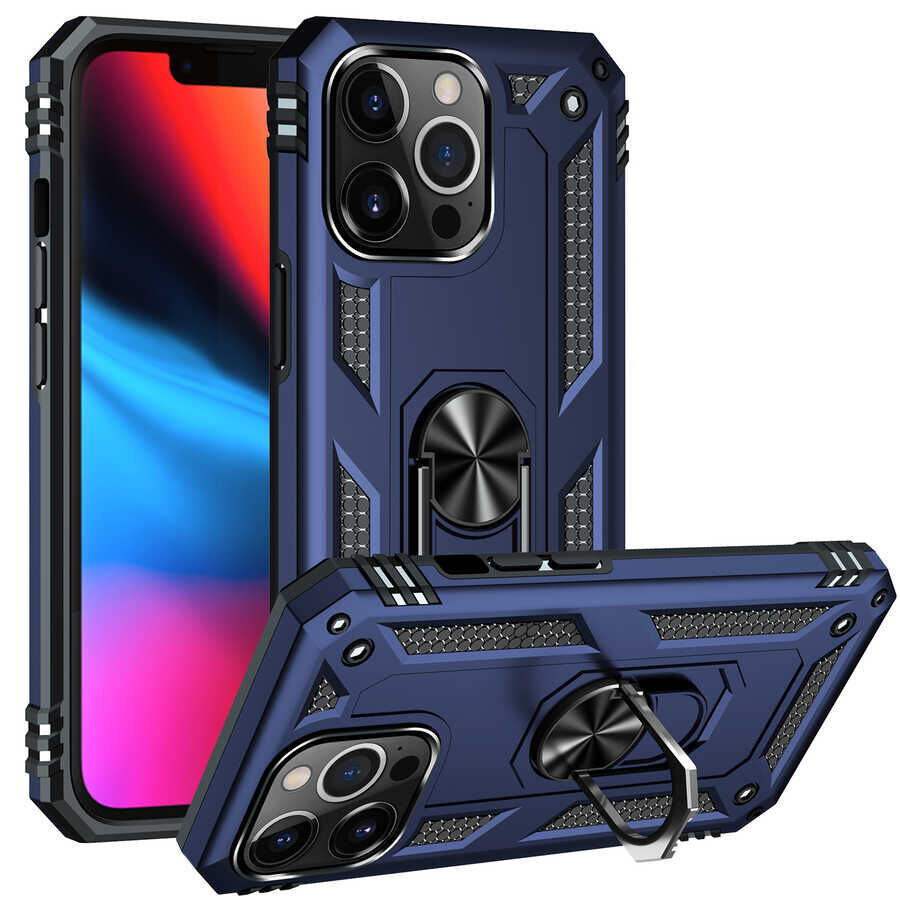 iPhone 13 Pro Kılıf Vega Tank Sert Yüzüklü Standlı Zırh Koruma Kapak Mavi