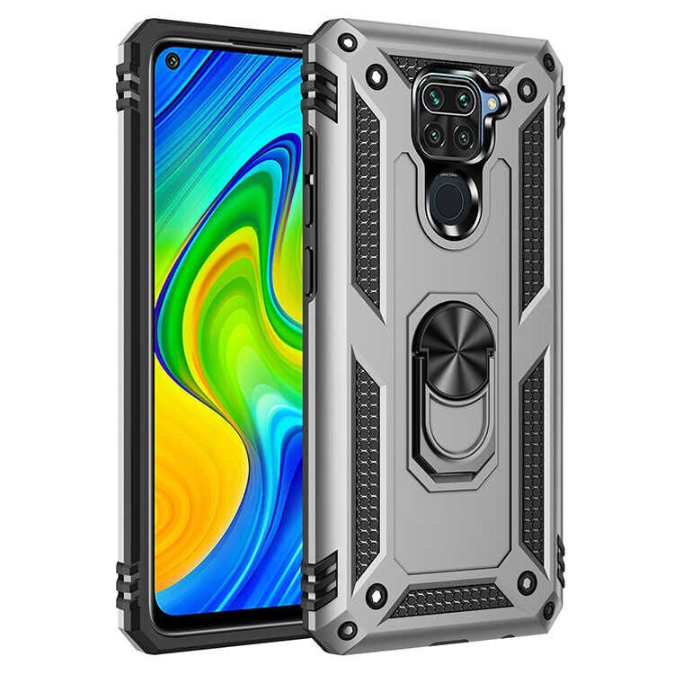 Xiaomi Redmi Note 9 Kılıf Vega Tank Sert Yüzüklü Standlı Zırh Koruma Kapak Gri