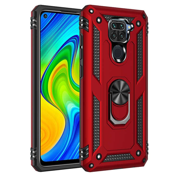 Xiaomi Redmi Note 9 Kılıf Vega Tank Sert Yüzüklü Standlı Zırh Koruma Kapak Kırmızı