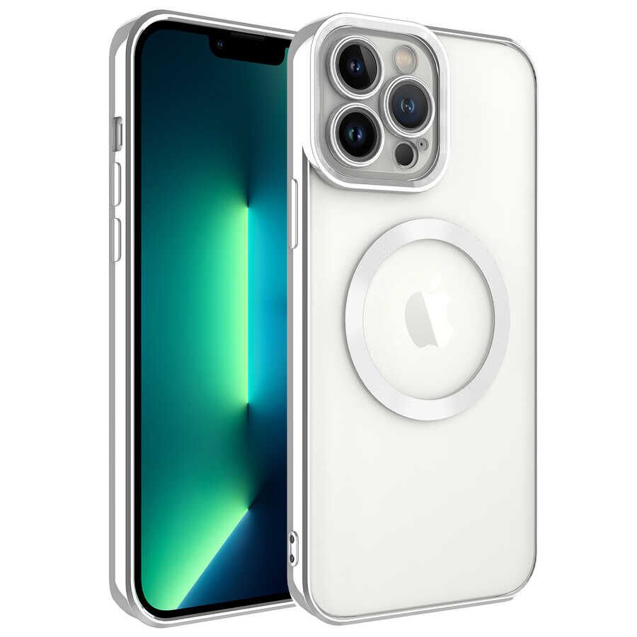 iPhone 13 Pro Max Kılıf Magsafe Wireless Şarj Özellikli Setro Silikon Gümüş
