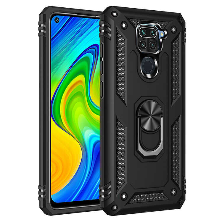 Xiaomi Redmi Note 9 Kılıf Vega Tank Sert Yüzüklü Standlı Zırh Koruma Kapak Siyah