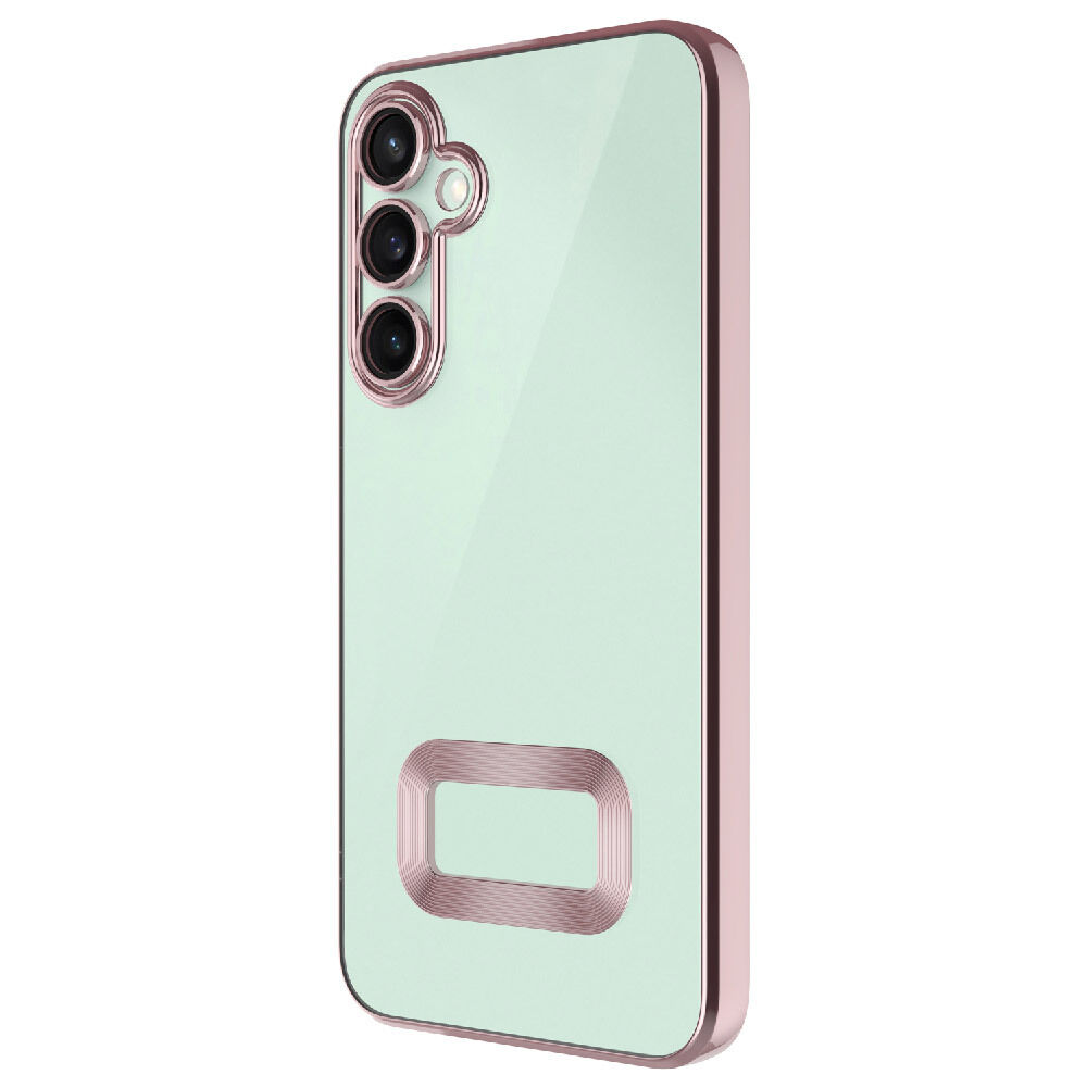Samsung Galaxy A26 Logo Gösteren Parlak Kenarlı Kamera Lens Korumalı Şeffaf Omega Silikon Kapak Rose Gold