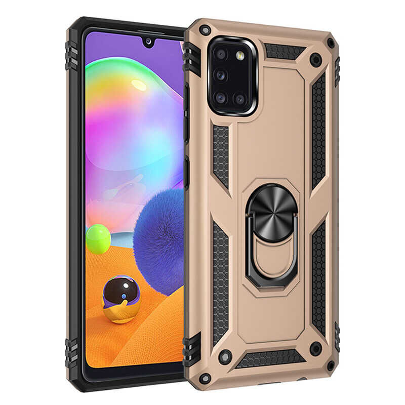 Samsung Galaxy A31 Kılıf Vega Tank Sert Yüzüklü Standlı Zırh Koruma Kapak Gold