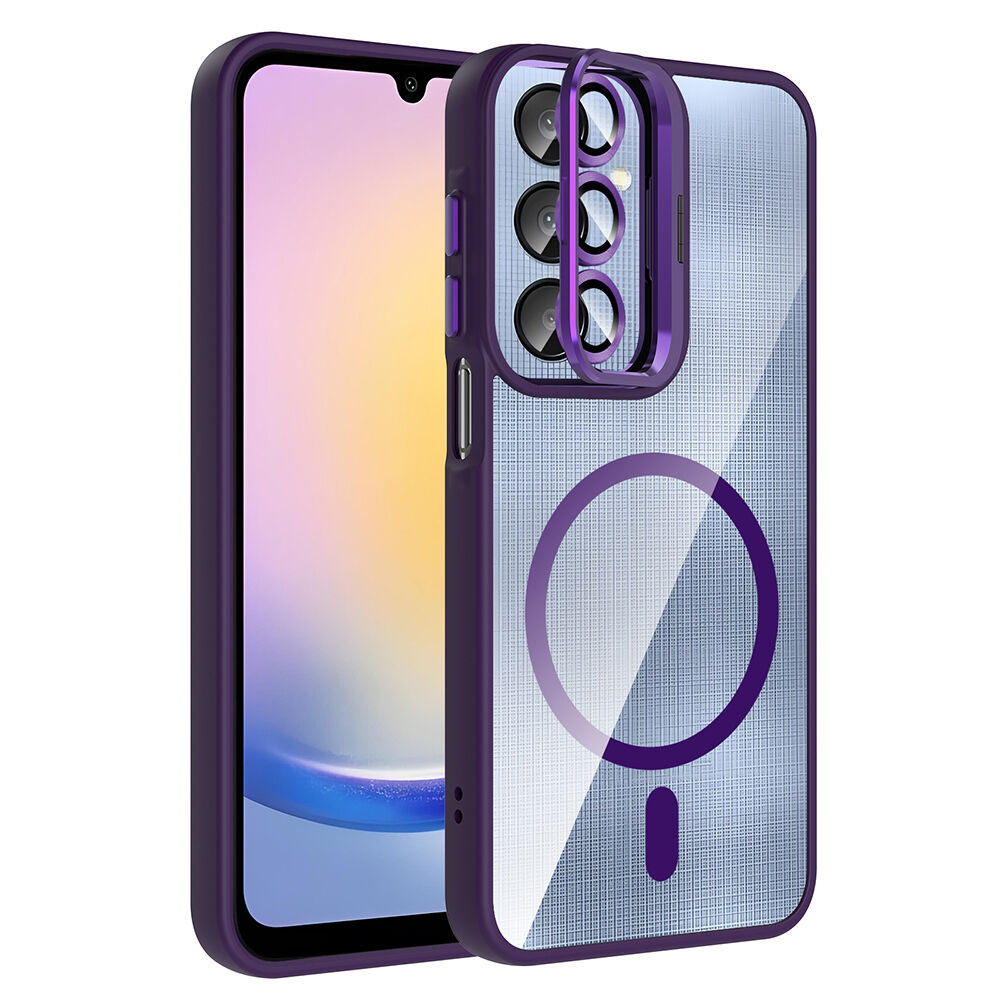Samsung Galaxy A16 Kılıf Standlı ve Kamera Lens Hediyeli Kablosuz Şarj Özellikli Etro Kapak Derin Mor