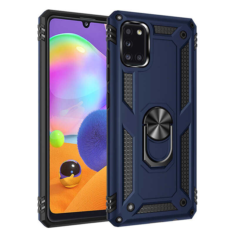 Samsung Galaxy A31 Kılıf Vega Tank Sert Yüzüklü Standlı Zırh Koruma Kapak Mavi