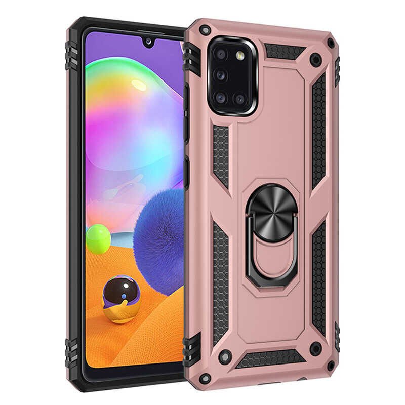 Samsung Galaxy A31 Kılıf Vega Tank Sert Yüzüklü Standlı Zırh Koruma Kapak Rose Gold