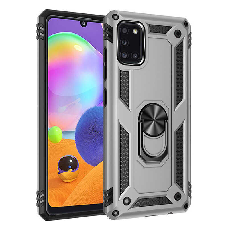 Samsung Galaxy A31 Kılıf Vega Tank Sert Yüzüklü Standlı Zırh Koruma Kapak Gri