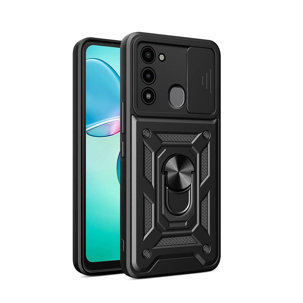 Tecno Spark 8C Kılıf Magnetik Standlı Kamera Korumalı Sürgülü Vega Kapak Siyah