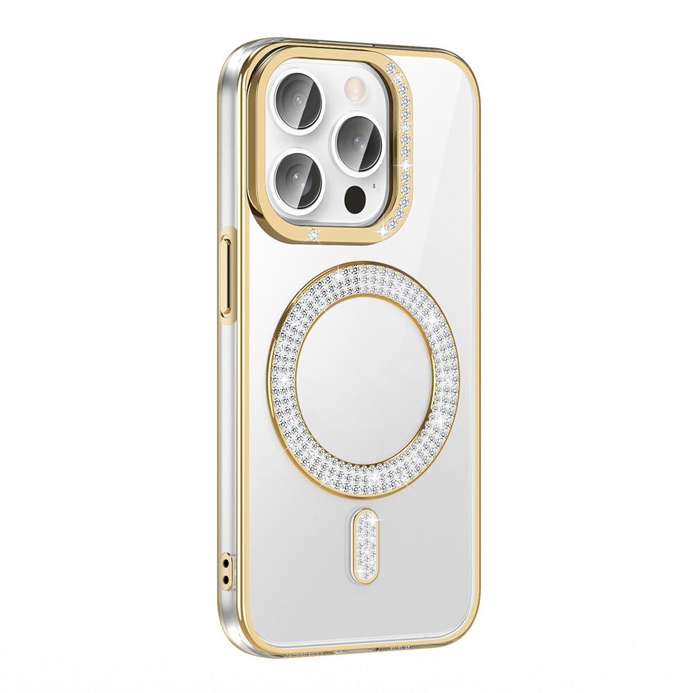 iPhone 14 Pro Max Kılıf Pırlanta Taş Tasarımlı Kablosuz Şarj Özellikli Karetta Silikon Kapak Gold