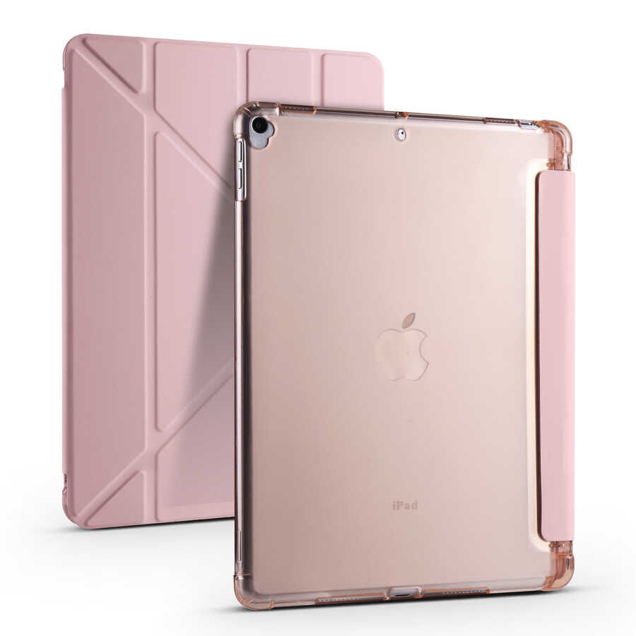 iPad 10.2 2021 (9.Nesil) Kılıf Tri Folding Kalem Bölmeli Standlı Kılıf Rose Gold