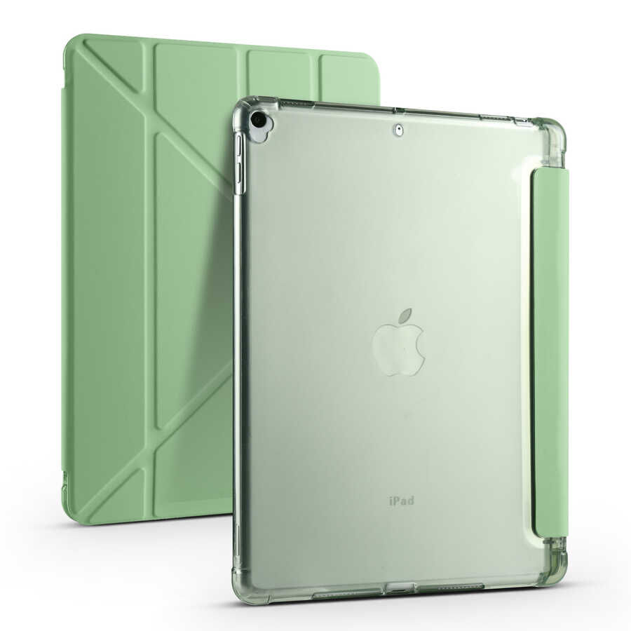iPad 10.2 2021 (9.Nesil) Kılıf Tri Folding Kalem Bölmeli Standlı Kılıf Açık Yeşil