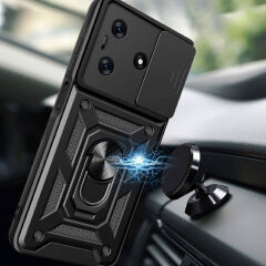 Tecno Spark 10C Kılıf Magnetik Standlı Kamera Korumalı Sürgülü Vega Kapak Siyah