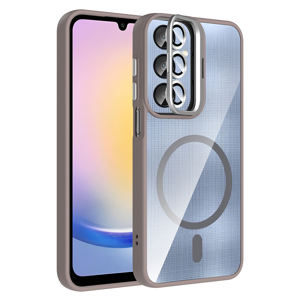 Samsung Galaxy A25 Kılıf Standlı ve Kamera Lens Hediyeli Kablosuz Şarj Özellikli Etro Kapak Gri