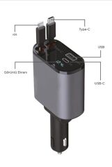 100W Süper Hızlı  Araç Şarj Cihazı – Çift Type-C & Lightning Kablo, Dijital Göstergeli, 80cm Kablo