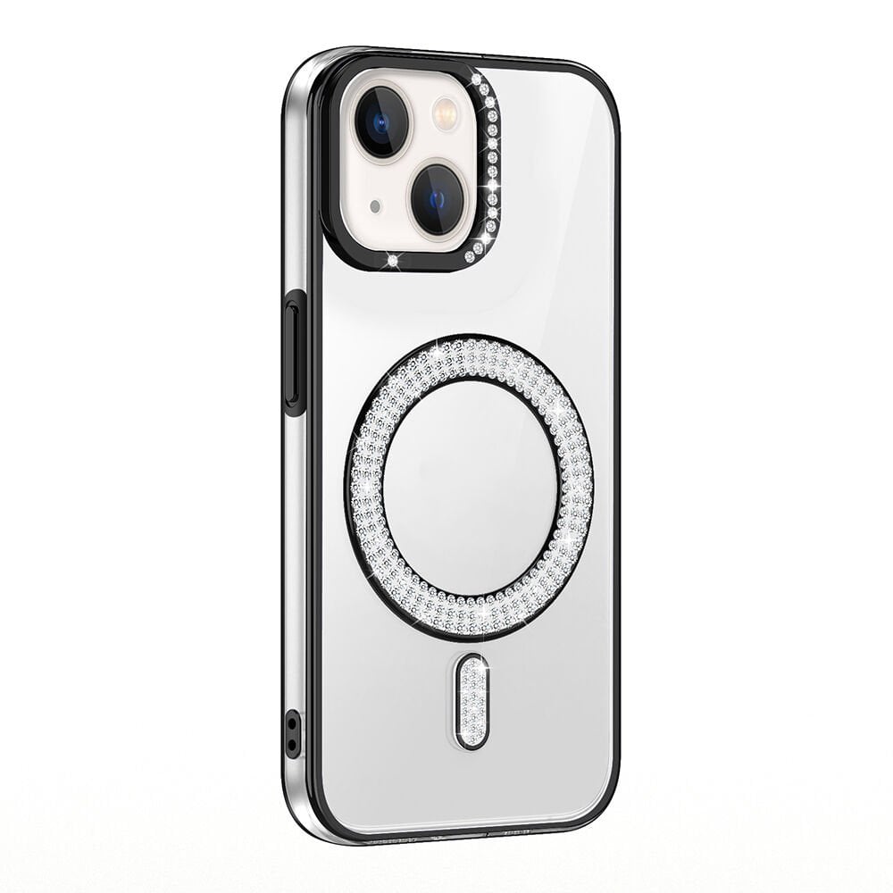 iPhone 14 Kılıf Pırlanta Taş Tasarımlı Kablosuz Şarj Özellikli Karetta Silikon Kapak