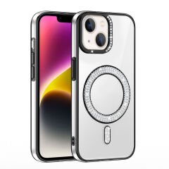 iPhone 14 Kılıf Pırlanta Taş Tasarımlı Kablosuz Şarj Özellikli Karetta Silikon Kapak