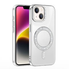 iPhone 14 Kılıf Pırlanta Taş Tasarımlı Kablosuz Şarj Özellikli Karetta Silikon Kapak