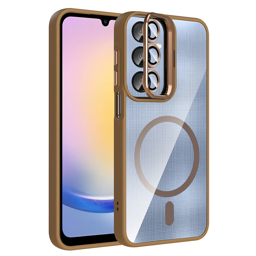 Samsung Galaxy A25 Kılıf Standlı ve Kamera Lens Hediyeli Kablosuz Şarj Özellikli Etro Kapak Desert Titanyum