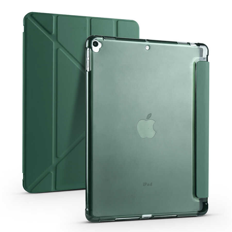 iPad 10.2 2021 (9.Nesil) Kılıf Tri Folding Kalem Bölmeli Standlı Kılıf Koyu Yeşil
