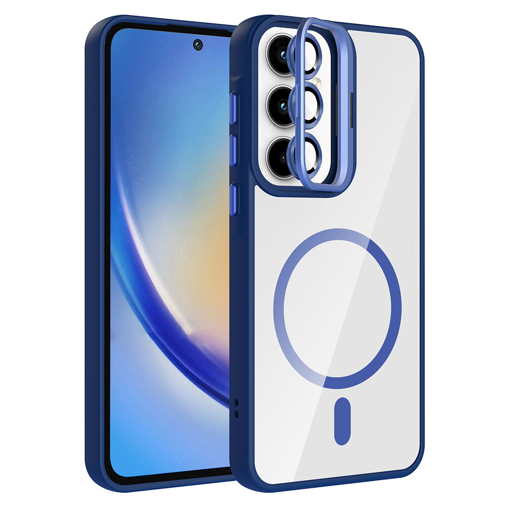 Samsung Galaxy A35 Kılıf Standlı ve Kamera Lens Hediyeli Kablosuz Şarj Özellikli Etro Kapak Lacivert