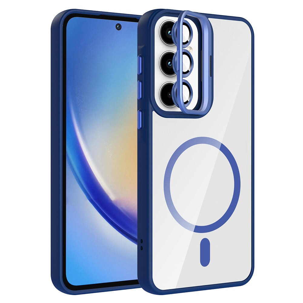 Samsung Galaxy A35 Kılıf Standlı ve Kamera Lens Hediyeli Kablosuz Şarj Özellikli Etro Kapak Lacivert