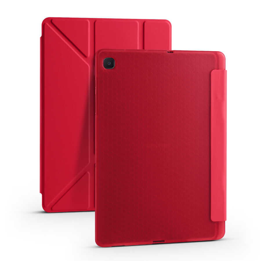 Samsung Galaxy Tab A7 10.4 T500 2020 Kılıf Tri Folding Kalem Bölmeli Standlı Kılıf Kırmızı