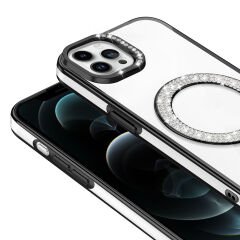 iPhone 12 Pro Kılıf Pırlanta Taş Tasarımlı Kablosuz Şarj Özellikli Karetta Silikon Kapak