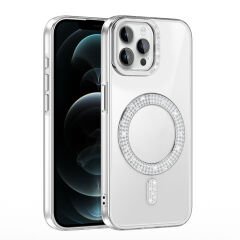 iPhone 12 Pro Kılıf Pırlanta Taş Tasarımlı Kablosuz Şarj Özellikli Karetta Silikon Kapak