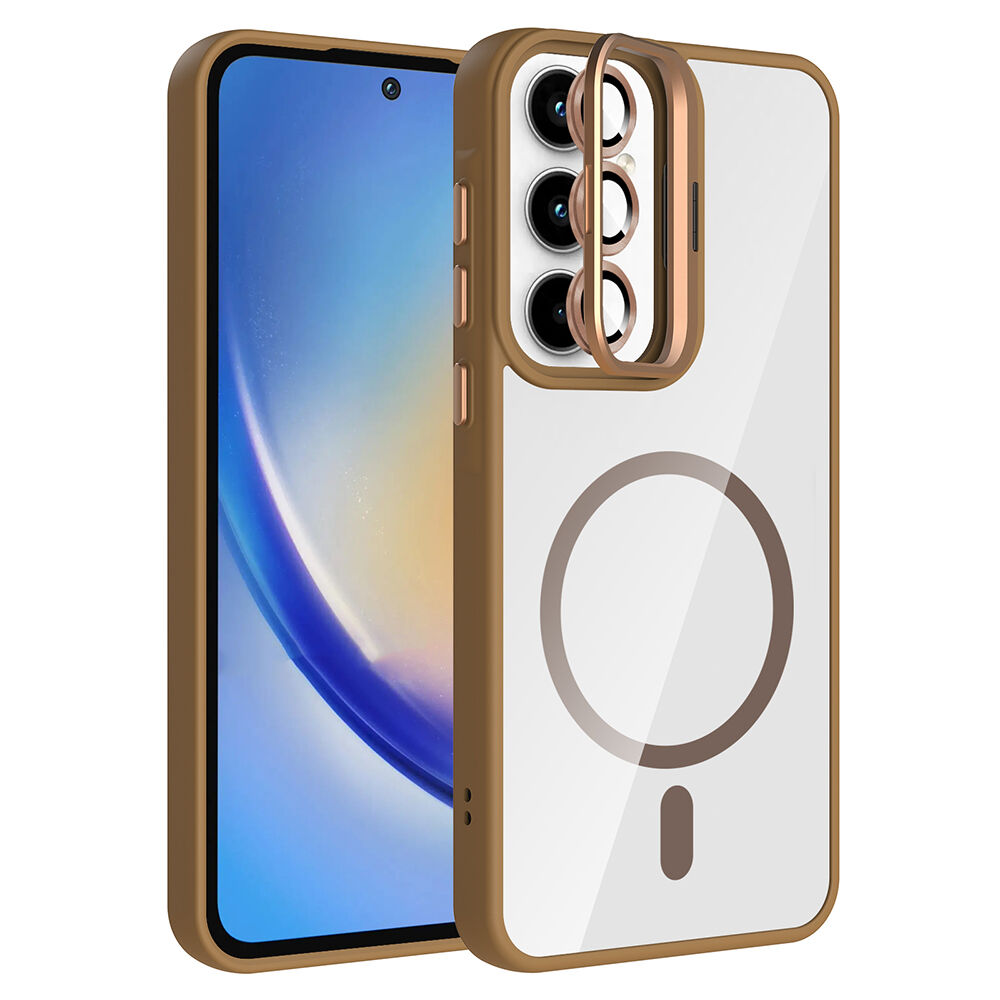 Samsung Galaxy A35 Kılıf Standlı ve Kamera Lens Hediyeli Kablosuz Şarj Özellikli Etro Kapak Desert Titanyum