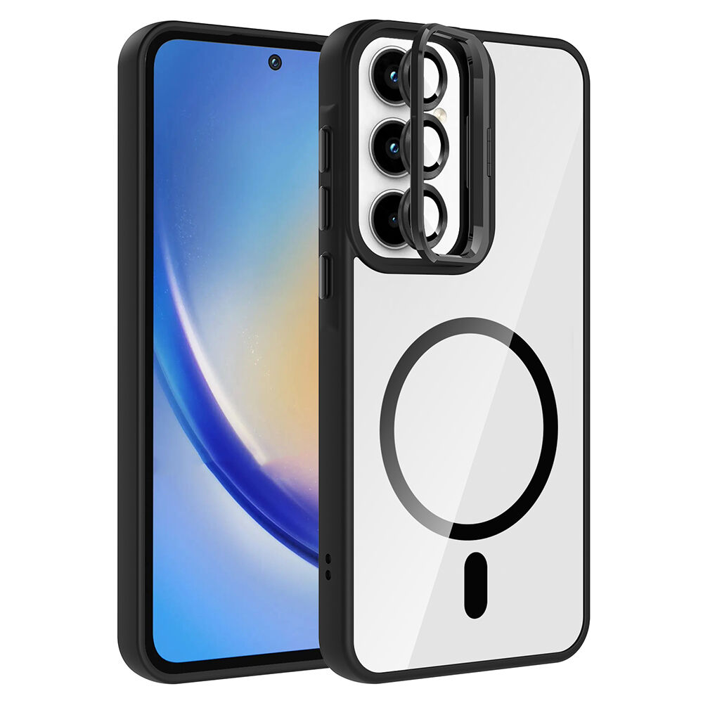 Samsung Galaxy A55 Kılıf Standlı ve Kamera Lens Hediyeli Kablosuz Şarj Özellikli Etro Kapak Siyah