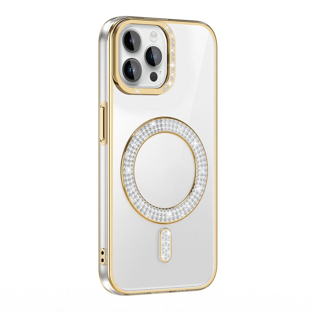 iPhone 12 Pro Kılıf Pırlanta Taş Tasarımlı Kablosuz Şarj Özellikli Karetta Silikon Kapak Gold