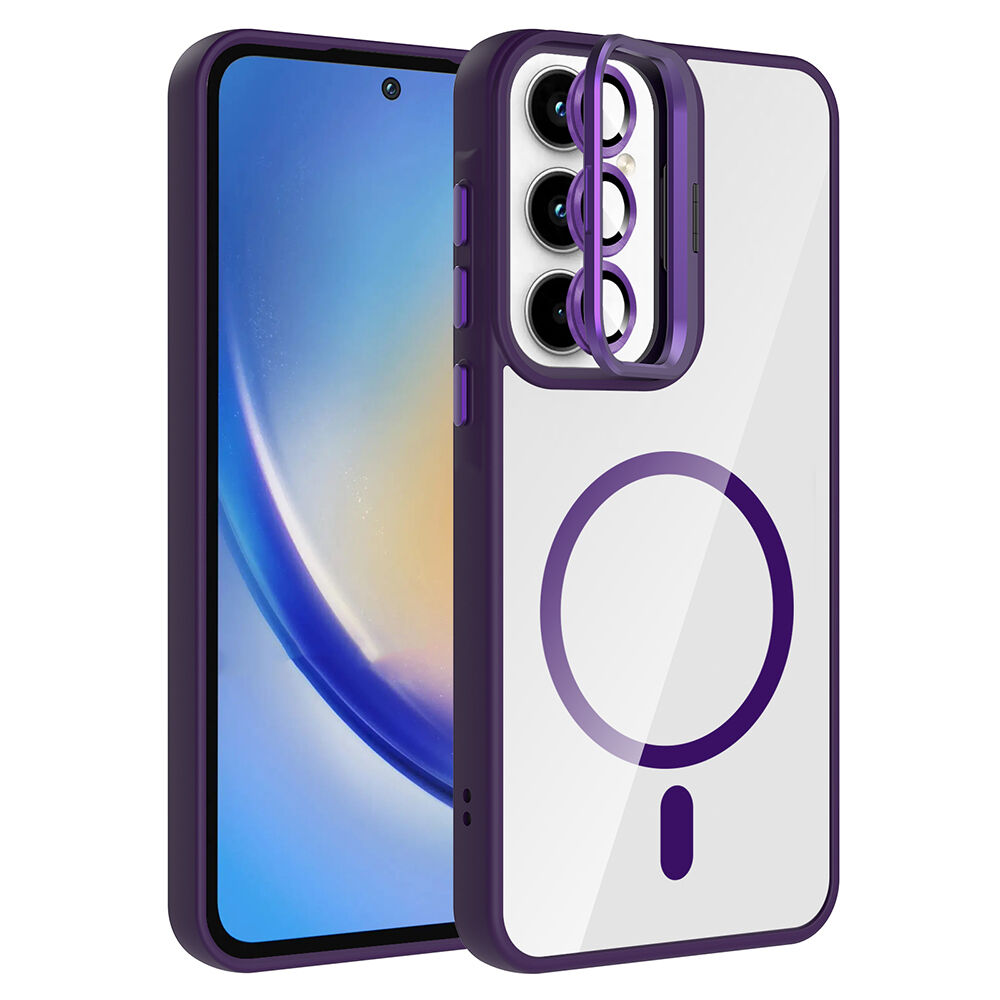 Samsung Galaxy A55 Kılıf Standlı ve Kamera Lens Hediyeli Kablosuz Şarj Özellikli Etro Kapak Derin Mor