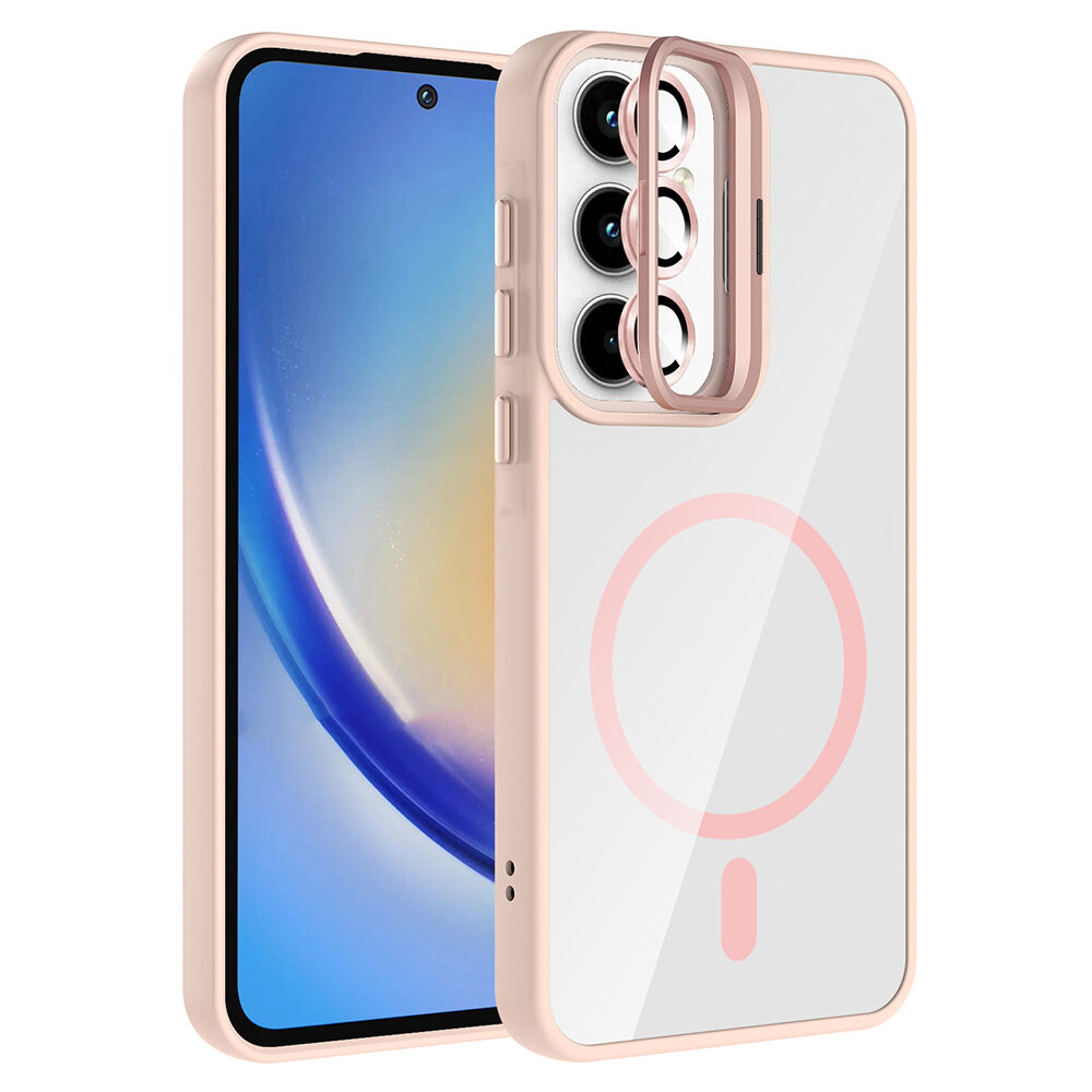Samsung Galaxy A55 Kılıf Standlı ve Kamera Lens Hediyeli Kablosuz Şarj Özellikli Etro Kapak Pembe