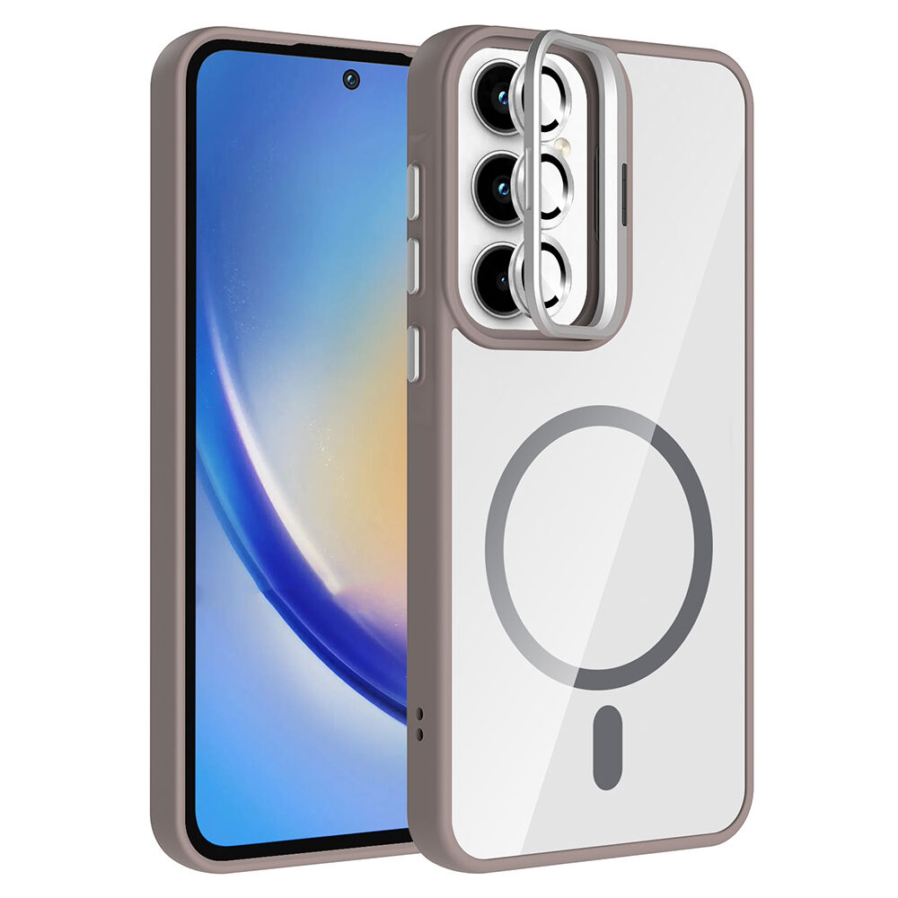 Samsung Galaxy A55 Kılıf Standlı ve Kamera Lens Hediyeli Kablosuz Şarj Özellikli Etro Kapak Gri