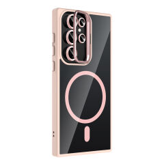 Samsung Galaxy S22 Ultra Kılıf Standlı ve Kamera Lens Hediyeli Kablosuz Şarj Özellikli Etro Kapak Pembe