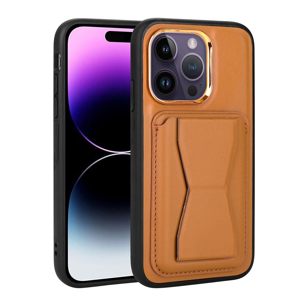iPhone 14 Pro Max Kılıf Kartlıklı Standlı ​Deri Memo Kapak Kahve Açık